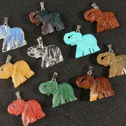 Natural Stone Quartz Crystal Turquoises Opal Lapis Tiger Eye Elephant Pendant for Diy Jewelry Making Necklace Accessories 1pc