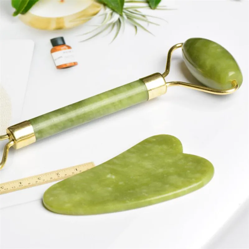 2pcs Facial Massager Roller Natural Jade Stone Guasha Board Scraper Set Face Lift Skin Relaxation Slimming Beauty Neck Thin Lift