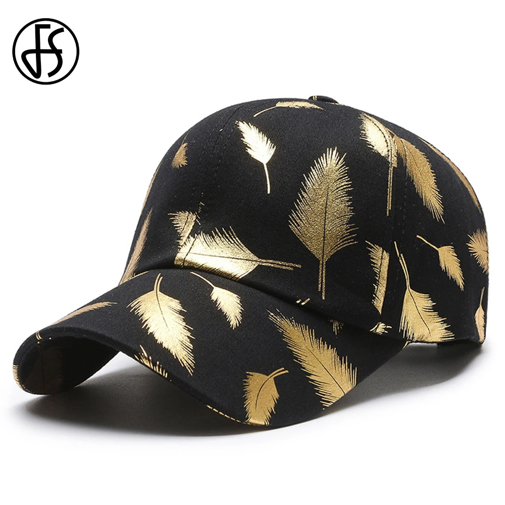 Gorra de béisbol con estampado de plumas doradas y negras de marca FS para Hombre y mujer, Gorras Snapback de Hip Hop, ropa de calle de invierno,