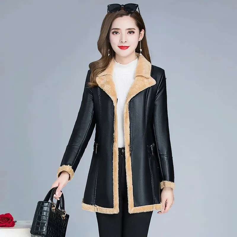 Plush Padded Fur All-in-one Clothing Female Mid-length V-neck Coat For Winter 2024 New Women Loose And Warm Overcoat