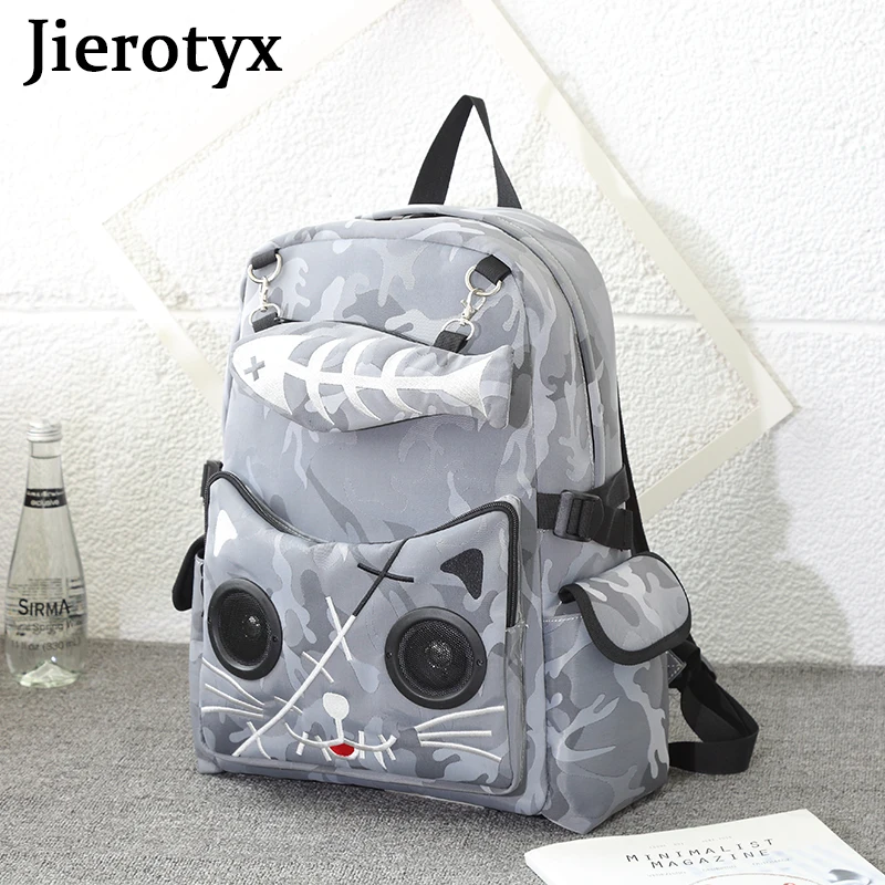 JIEROTYX Fish Bone Backpack For Women Gothic Bags Cat Print Backpack Students Canvas Bag Women Rusksack Speaker Bluetooth Bag