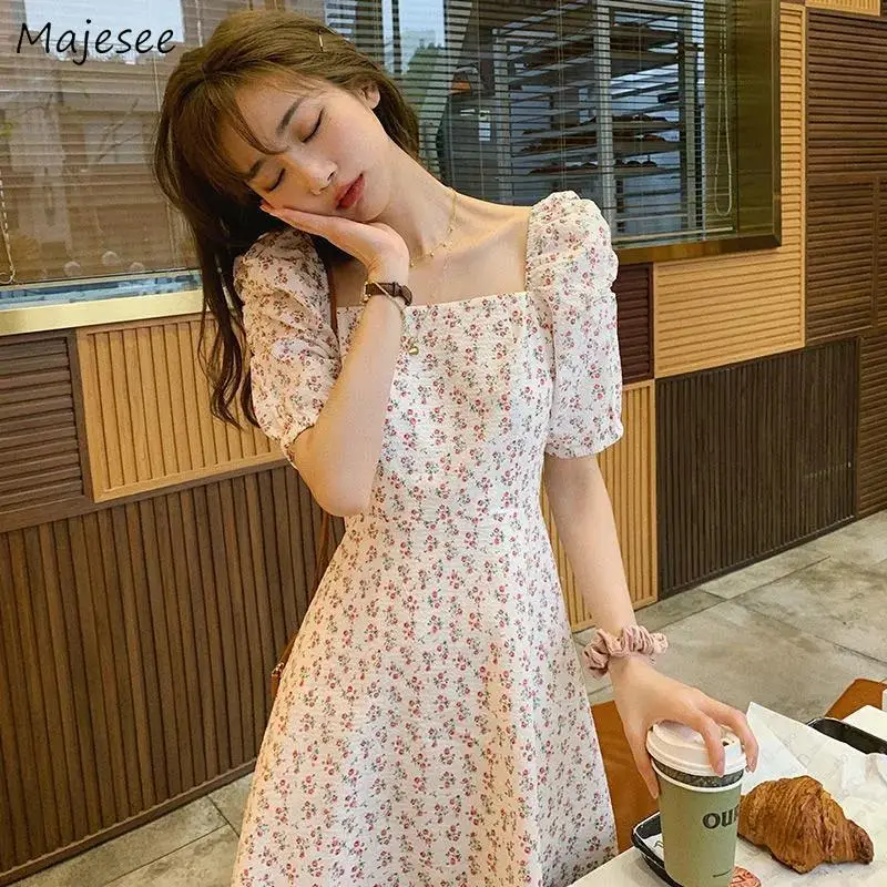 

Dresses Women Puff Sleeve Sweet Korean Style Square Collar High Waist A-line Fresh Knee-length Chic Lady Elegant Tender Summer