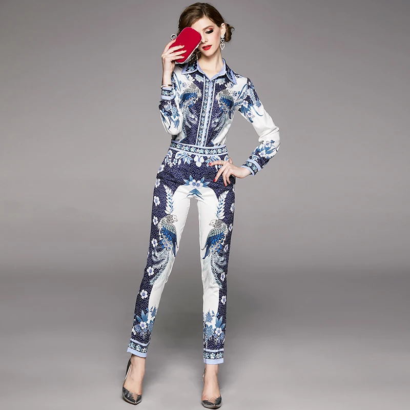 BLLOCUE 2020 Spring Designer Runway Suit Set 2 Piece Set Women Vintage  Flower Print Long Sleeve Shirt Blouse+Pencil Pant Suit