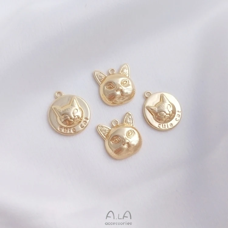 10Pcs 14K True Gold Color-Preserving Copper 12MM Cat Charms Pendants DIY Jewelry Making Findings Accessories