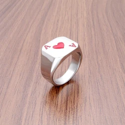 Punk Ace of Hearts Playing Cards Ring 316L Stainless Steel Men's Fashion Letter Red Color Epoxy A Rings Jewelry