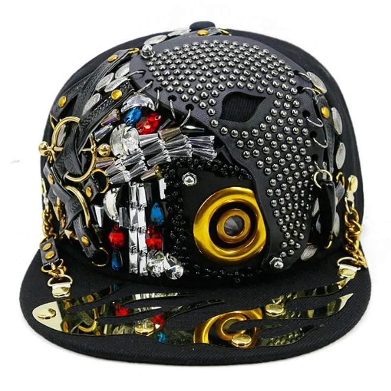 Novelty Personality Hip Hop Cap For Men And Women Punk Style Trend Flat Brim Cap Skull Rivet Headdress Decorated Lovers Hat