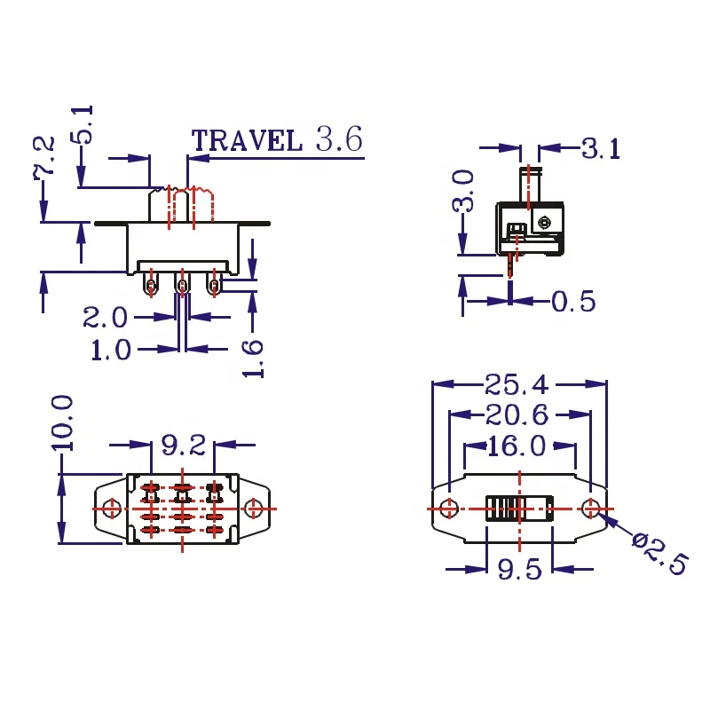 ON-Off Action Slide Switch DPDT Circuit  Actuator HeightSolder Lug Terminals