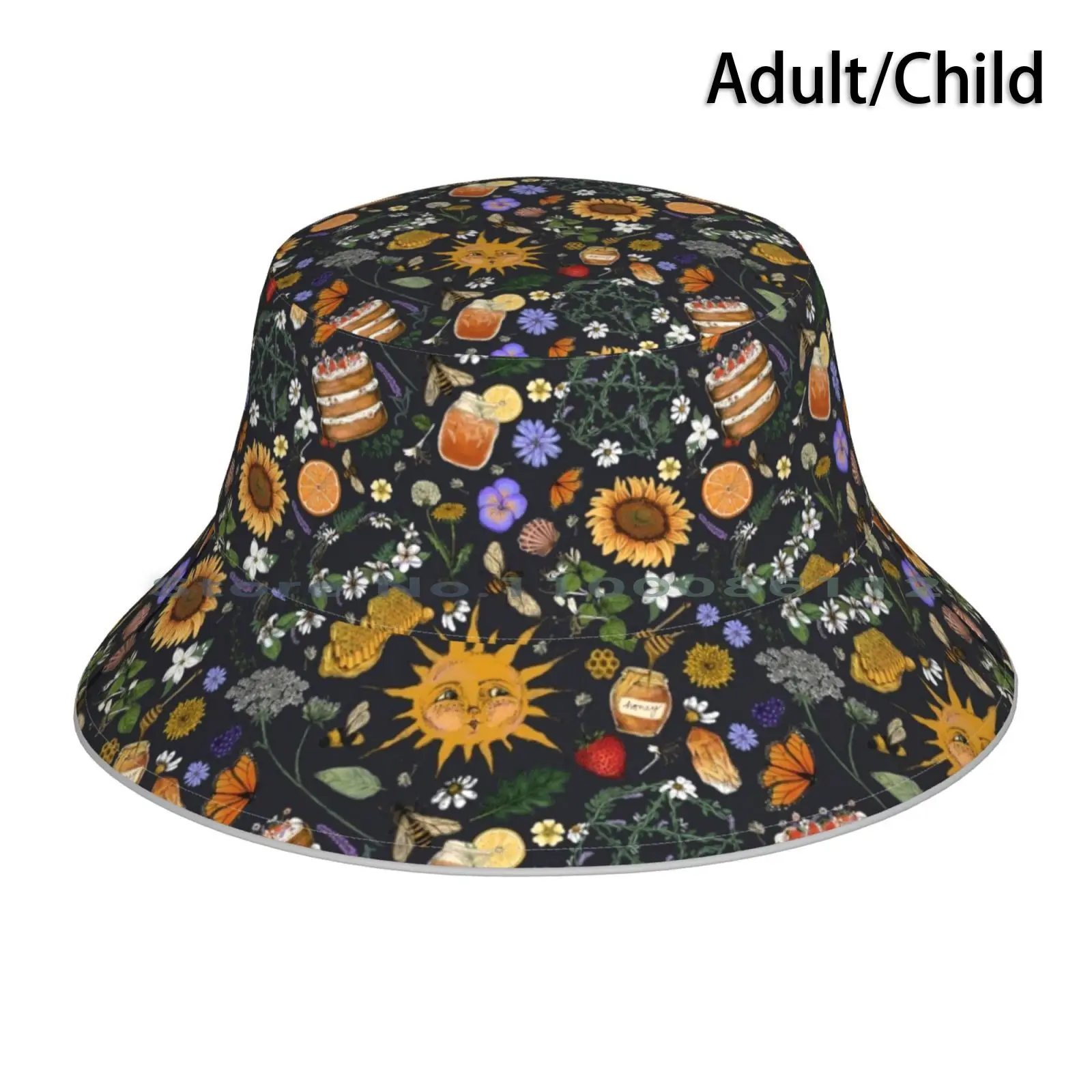 Litha Pattern-Dark Gray Bucket Hat Sun Cap Litha Midsummer Cottagecore Summer Solstice Sunflower Pentacle Crystal Flowers