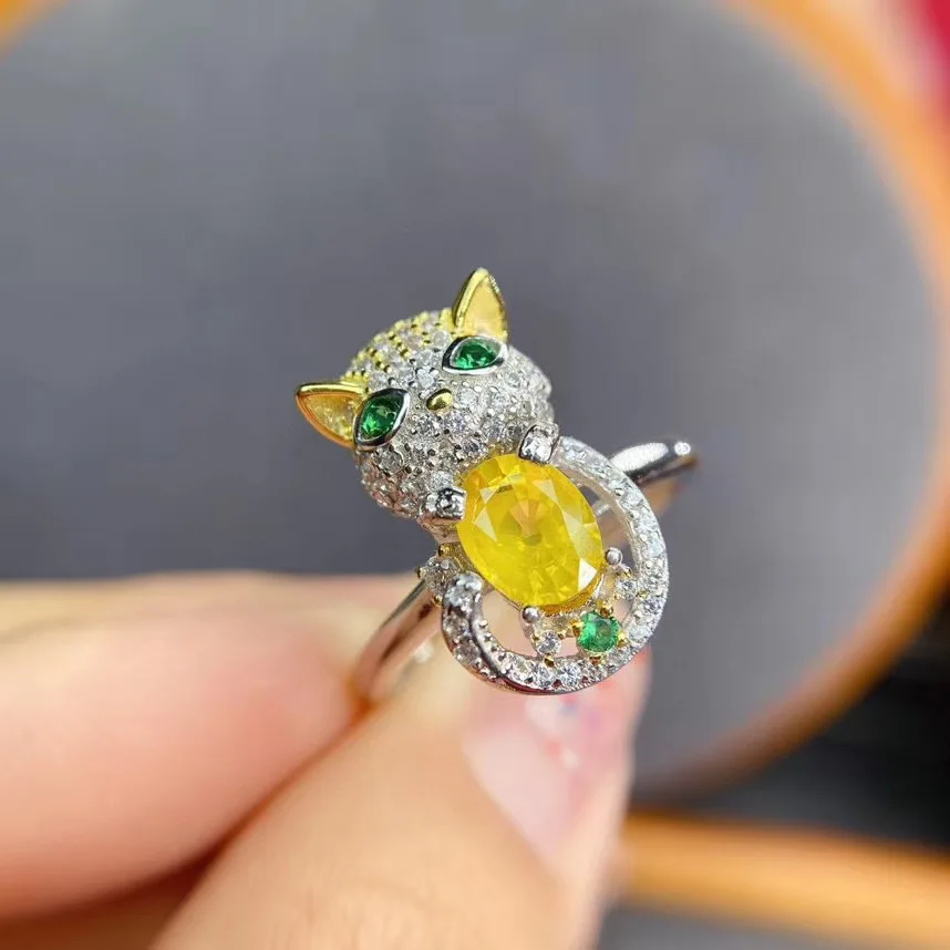 Lovely Cat 100% Natural and real Yellow sapphire ring  925 sterling silver Fine handworked Ring