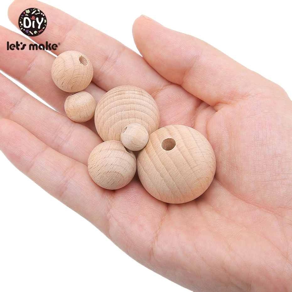 Let\'s Make-mordedor de madera hexagonal de haya, cuentas redondas de 12-30mm, sonajero para bebé, juguetes de madera, 100 unidades