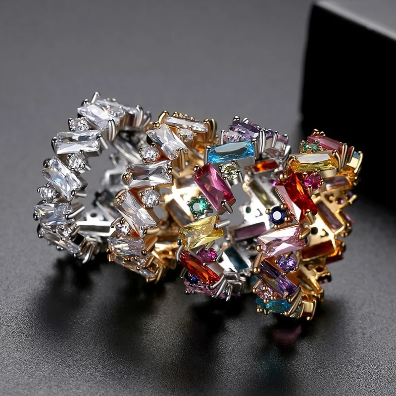 Ekopdee 2021 Luxury Eternity Promise Zircon Rings For Women Rainbow Geometric CZ Crystal Finger Ring Engagement Wedding Jewelry