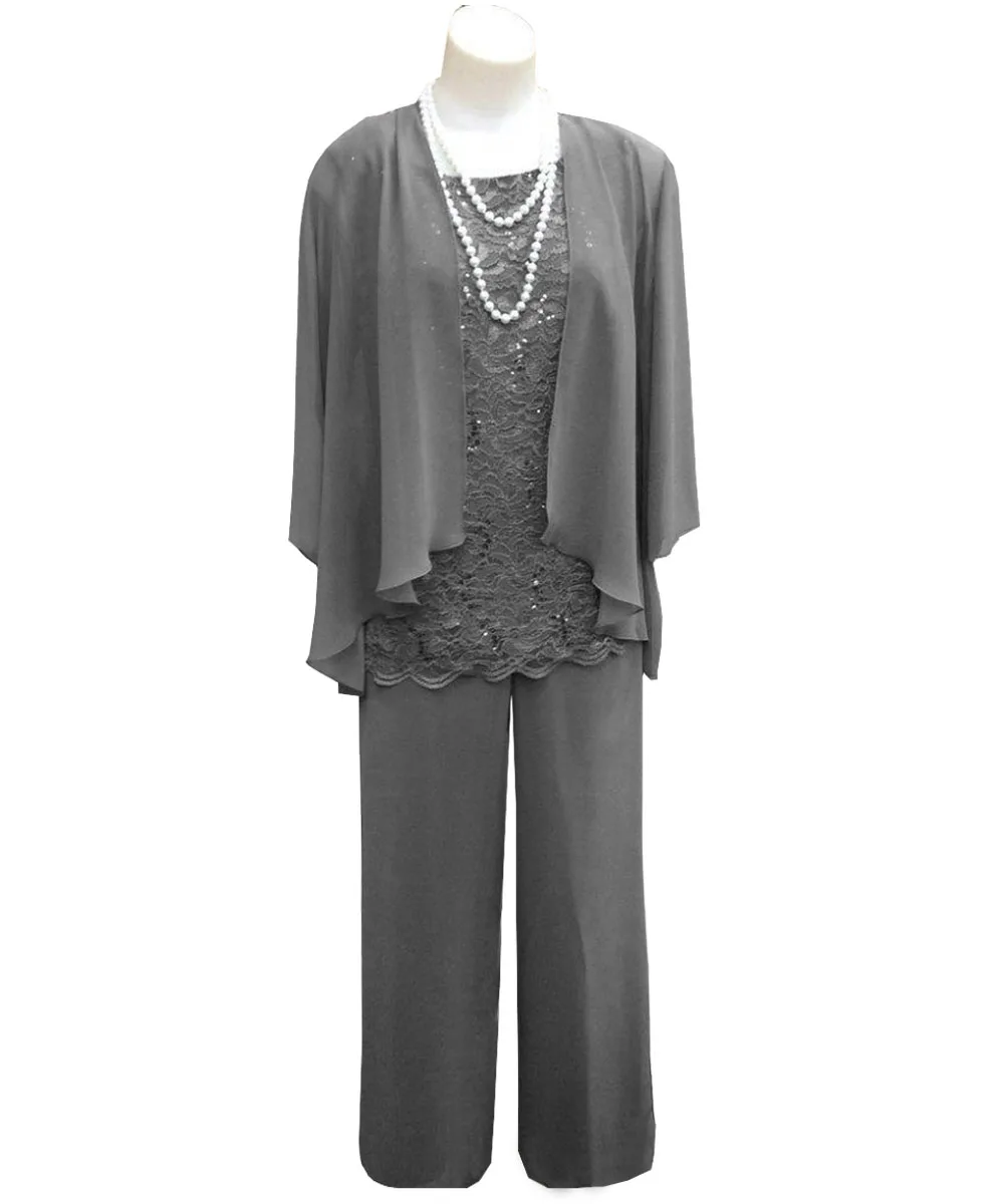 

3 piece Mother of The Bride Dress Lace Chiffon Elegant Pants Suit with Jacket Outfit 3/4 Sleeves for Wedding Groom Party 2021