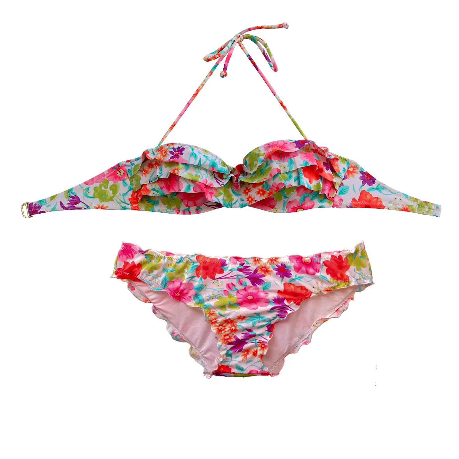 Women Sexy Gril Low Waist Bikini Sets Red Flowers Printing Swimsuit Push Up Swimwear Biquini Beachwear