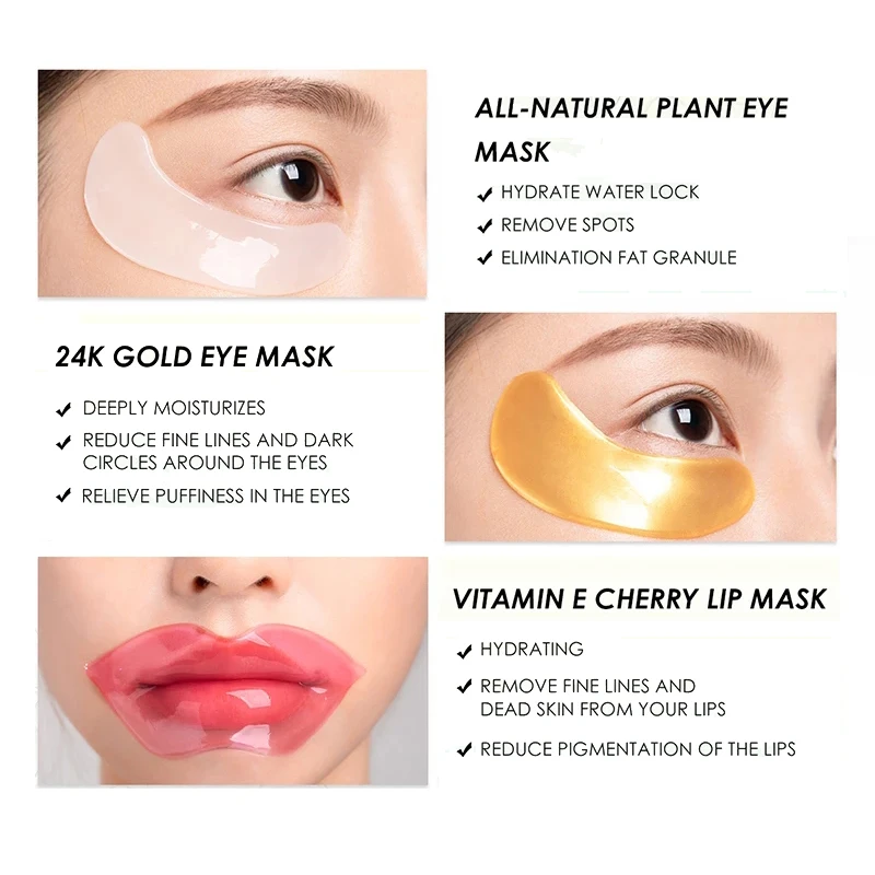 Natural Eye Mask Repair Lip Mask Kit Sooth Skin Fade Fine Lines Eye Patches Skincare Set Improve Dry Crystal Lip Care Patches