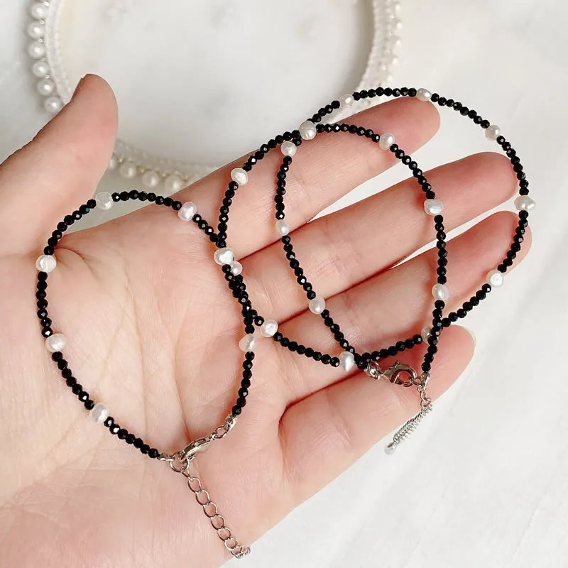 Fashion Healing Jewelry 2MM Small Black Obsidian Stone Crystal Necklace Natural Freshwater Baroque Pearl Choker Short Collier