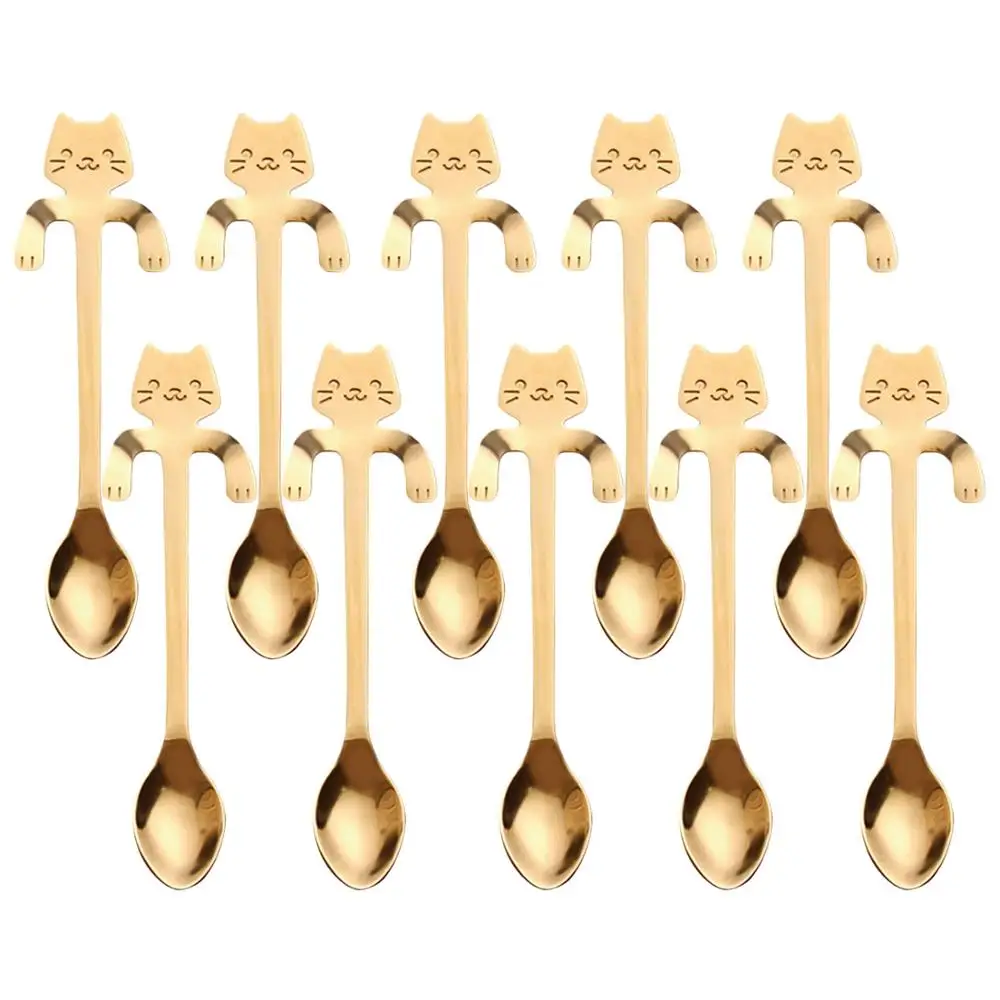 10pcs Stainless Steel Cat Creative Coffee Tea Spoon Long Handle Ice Cream Teaspoon dessertspoon Drinking Tools Kitchen Supplies