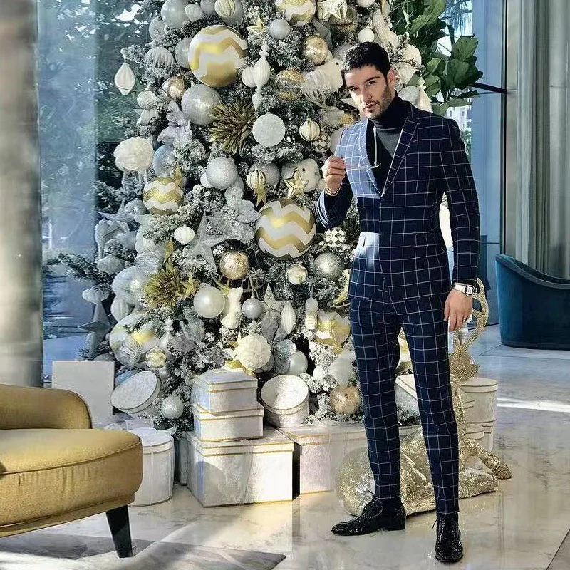 

Blue Checked Slim Fit Mens Tuxedos Two Pieces Checkerboard Wedding Suits Popular Man Blazer and Pants