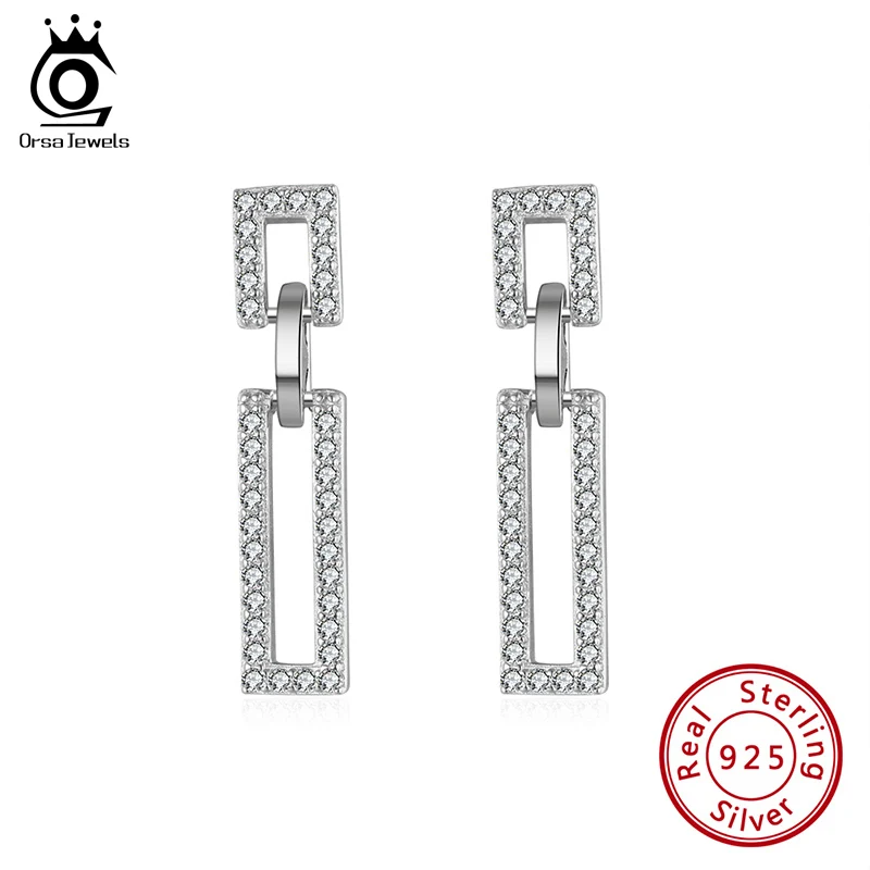 ORSA JEWELS Classic 925 Sterling Silver Drop Earrings Rectangle Dangle For Women Girls Top Quality Party Jewelry Gifts APE20