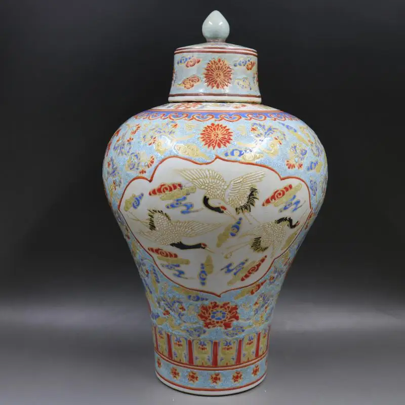 Qing Dynasty Qianlong Luminous Porcelain temple jar Pink Crane Pattern Vase Antique Crafts Home Decoration Porcelain Ginger jar