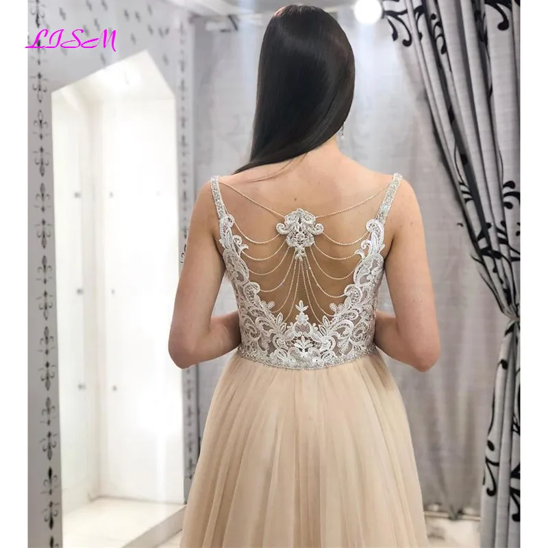 Illusion Tulle A-Line Prom Dress Lace Appliques Beaded vestido de festa Formal Evening Dresses Long Crystals Party Gowns