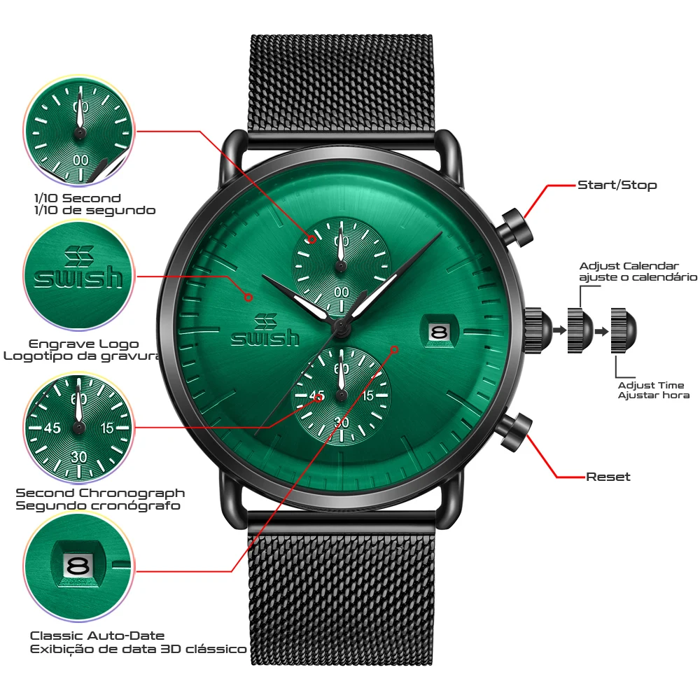 Creative Designer Brand Quartz Watches Men Stainless Steel Black Green Chronograph Sports Watch Waterproof Minimalist Clock 2020