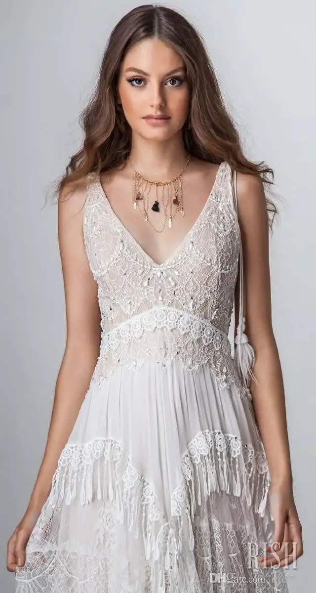 Vestidos de casamento boêmio rish decote em v rendas borla lantejoulas trem varredura design oco praia vestido de casamento feito sob encomenda uma linha boho