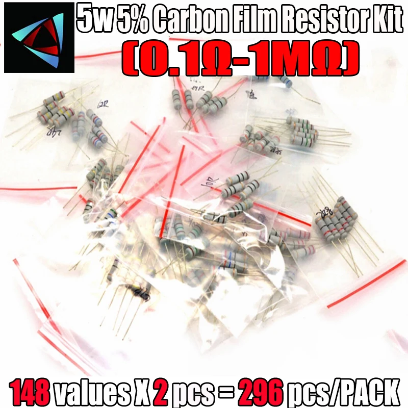 296PCS/LOT 5W Resistor Package 5% 0.1R-1M 148Values*2 Carbon Film Resistor Commonly Kits Metal Oxide Film Resistors Kit