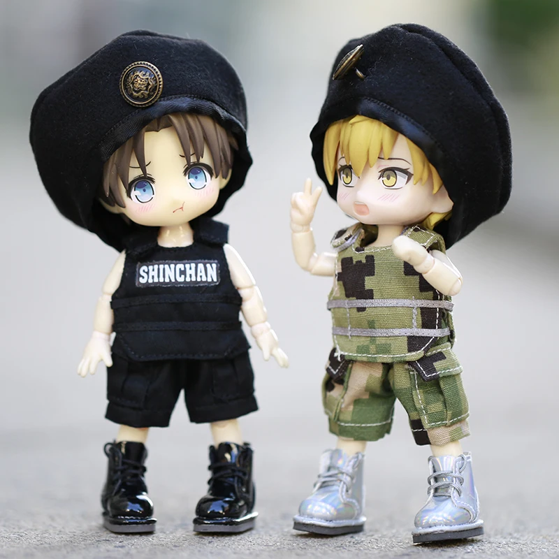 OB11 doll size camouflage uniform suit black vest + mirrored shorts + solid colour hat or super cool police uniform suit