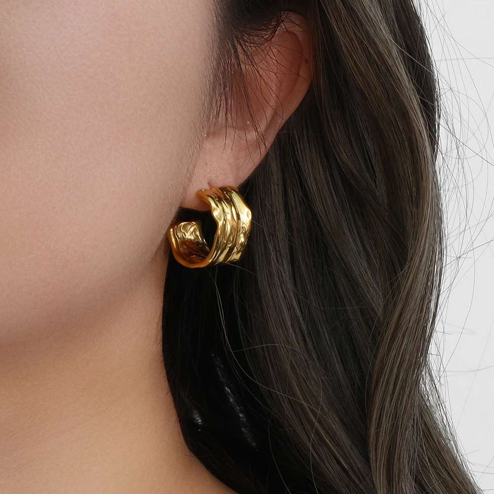 E.B.belle 2024Trendy Tin Foil Wide Gold Plated Hoop Earrings For Women Titanium Steel Ladies Minimalist Basic Gold Hoops Jewelry