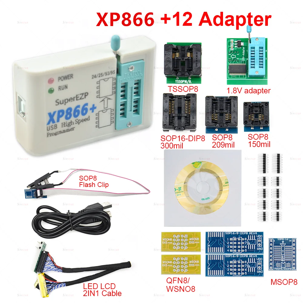 XP866 CH554T USB SPI Programmer +12 Adapter Support 24 25 93 95 EEPROM Flash Bios EZP2019 Upgraded Version Fast Reading Writing