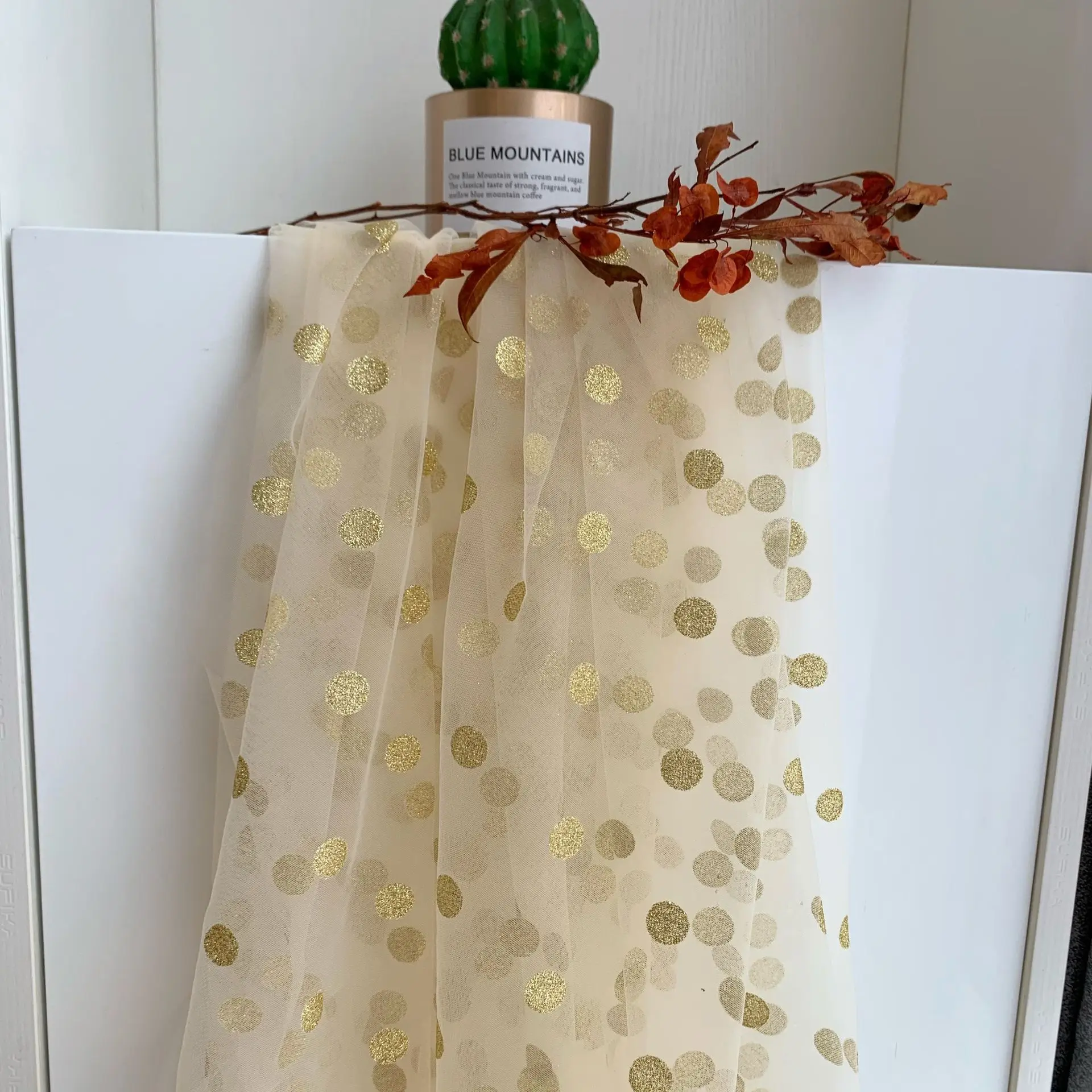 Gold Glittering Dots Points Soft Mesh Lace Fabric For Girls\' Tulle Dress Wedding Christmas Sewing Decorative Net Fabric Apricot