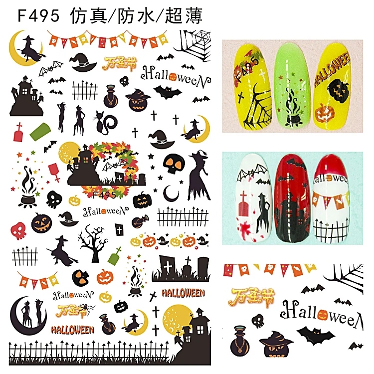 

10PCS Santa Claus Gift Christmas Tree Snowman Halloween Pumpkin Head Scary Ghost Pattern Nail Sticker Nail Slider