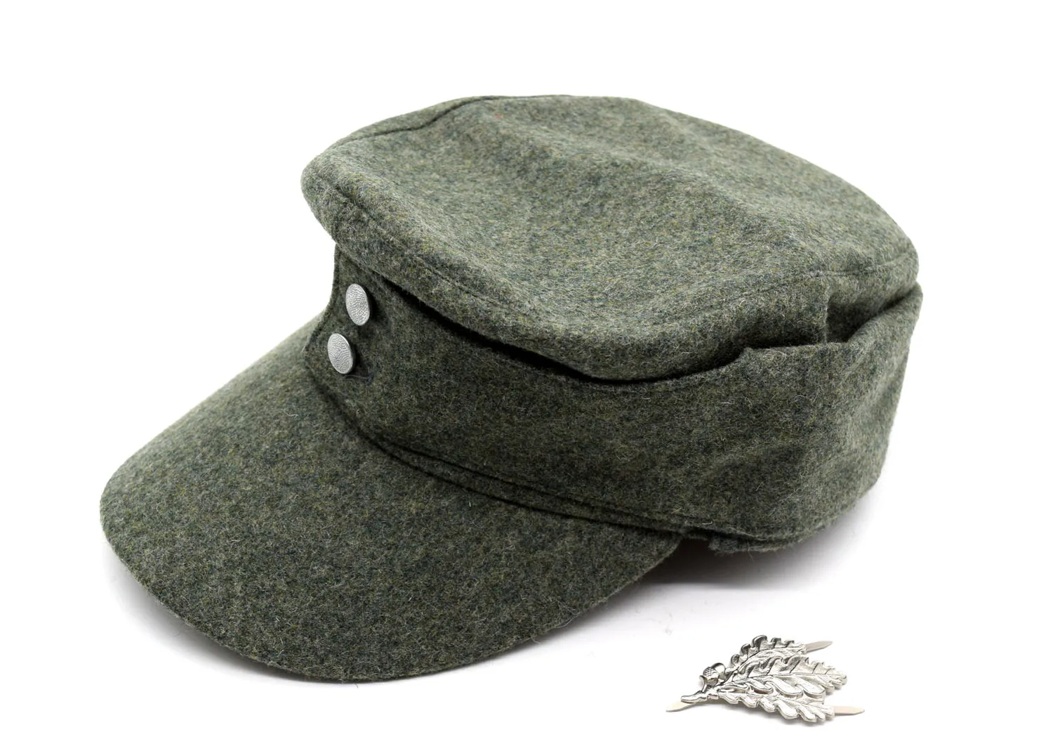 Replica WWII German WH Elite EM M43 Panzer Wool Cap Hat Green+SKI Sniper OAK Leaf Badge