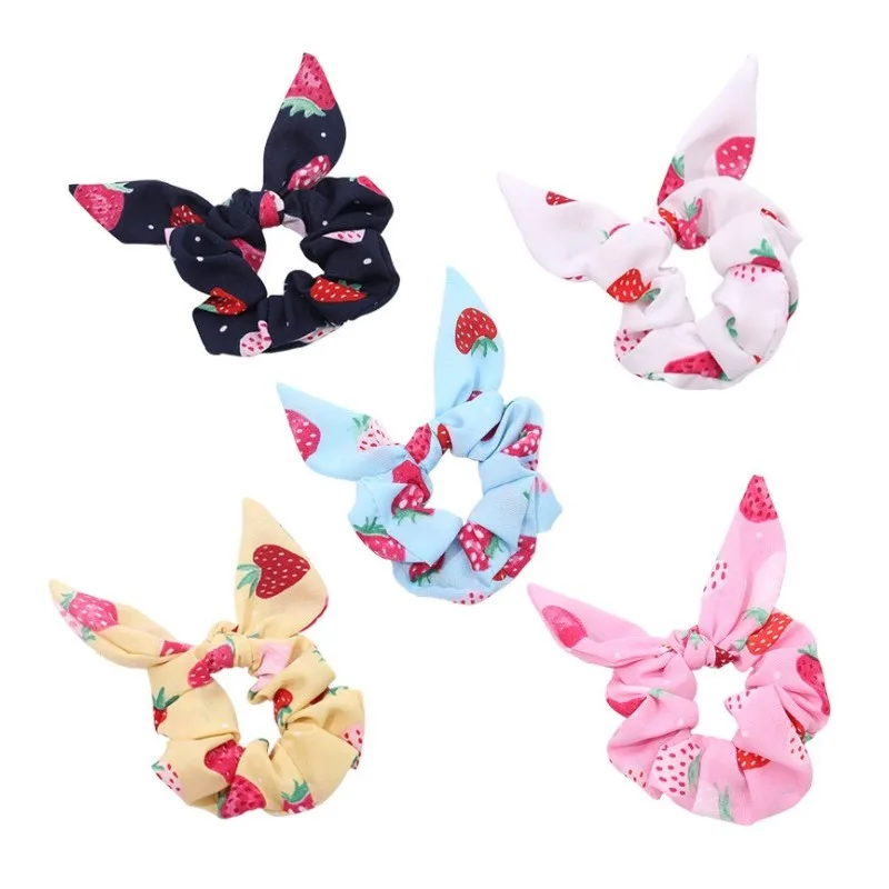 Strawberry Print Hair Ties Ribbons Hair Rope Elastic Ponytail BowTie Scrunchie Rings Headwear Accessories Girl's Hairband