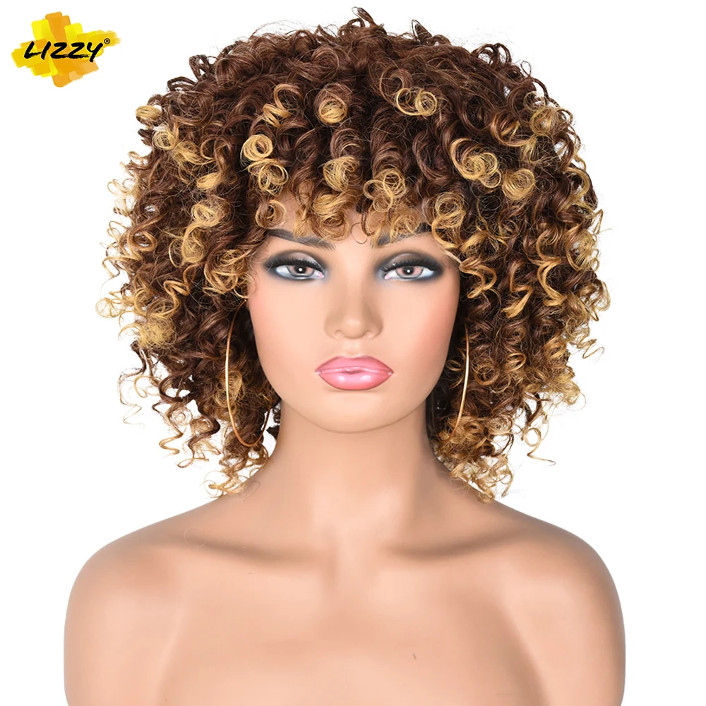 

14inch Afro Kinky Curly Wigs Synthetic Short Wig With Bangs Mixed Brown And Blonde Cosplay Wig For Black/White Women Lizzy Hiar