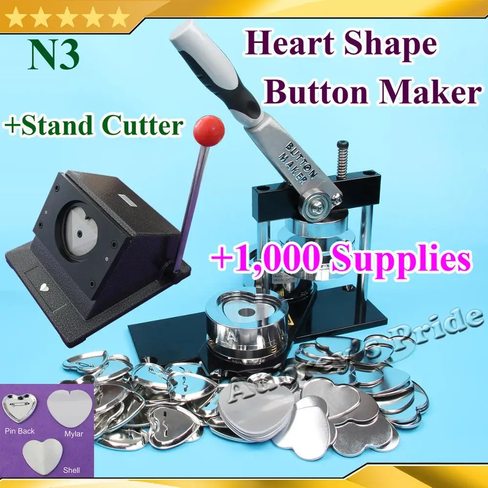 Free CP N3 Heart Shape 57x52mm Badge Button Maker Machine +1,000 Sets Metal Pinback Supplies + Mould + Stand Cutter