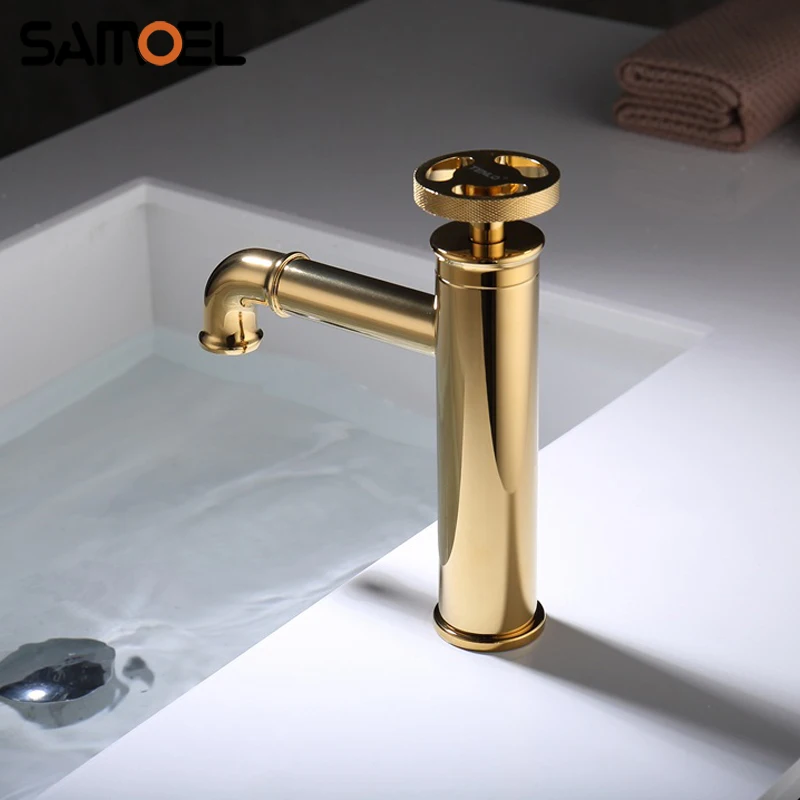 High-end Industrial Style Brass Golden Bathroom Sink Faucet Mixer Deck-mounted Matte Black Cold Hot Basin Water Tap B3376