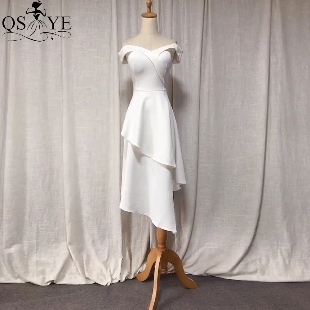 Vestido de novia corto blanco para mujer, Vestido de novia elástico con solapa, cuello en V, mangas laterales, línea A, falda con volantes, Vestido de fiesta corto