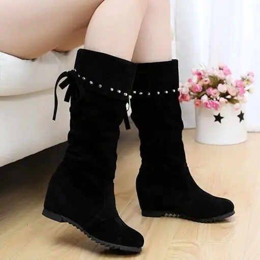 Autumn and Winter New Women Long Boots Inner Heightening Knee-high Female Boots Women's Wedge Flat Boots