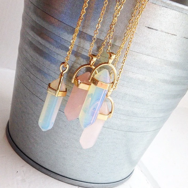 SUMENG 2024 New Fashion Hexagonal Column Quartz Chokers Natural Stone Bullet Pink Crystal Pendant Necklace For Women Jewelry