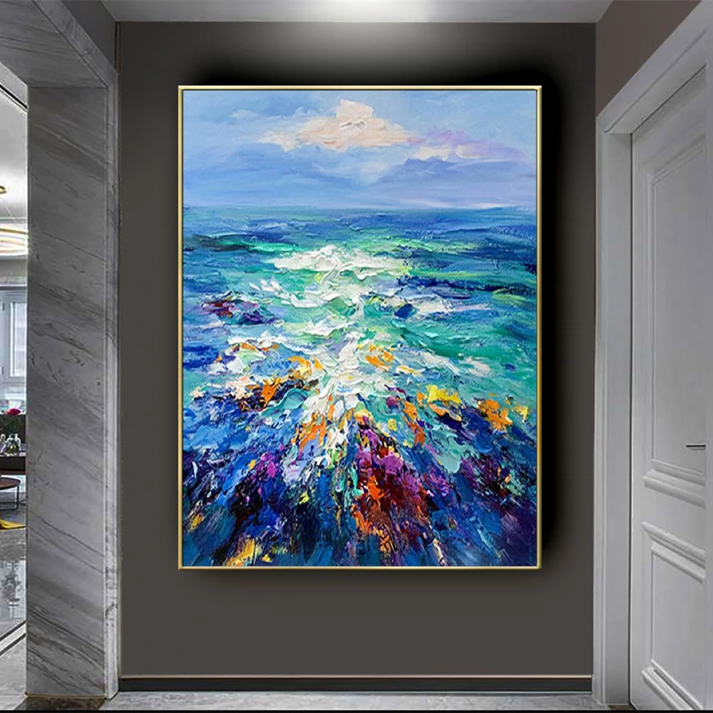 Blue Texture Canvas Image Home Decor Picture Handmade Abstract Flower Oil Painting Salon Back Wall Art Modern Piece Porch Mural