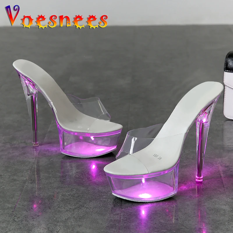 Pantofole donna scarpe trasparenti illuminano sandali luminosi piattaforma 15cm tacchi alti leggeri Sexy Stripper colorato Pole Dance scarpe da donna