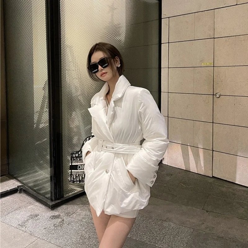 

White Casual Parkas Women New Winter Street Style White Thick Slim Cotton Jacket Designer Office Lady Sashes Outerwear S-L