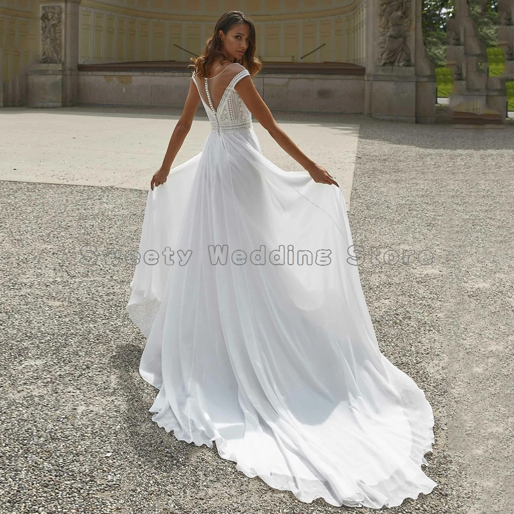 Elegant Chiffon Beach Wedding Gowns Cap Sleeve Scoop Neck Bohemian  Dress Sweep Train A Line Bridal Dresses