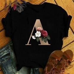 Maycaur New Custom Name Letter Combination Women T-shirt Flower Letter Font A B C D E F G Short Sleeve Clothes Woman Tees Tops