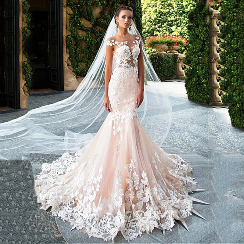 Lovedress Pink Boho Trouwjurk Zeemeermin Kant Appliqueert Sex Backless Bruid Jurken Met Korte Mouwen Tule Sweep Trein Robe De Mariée