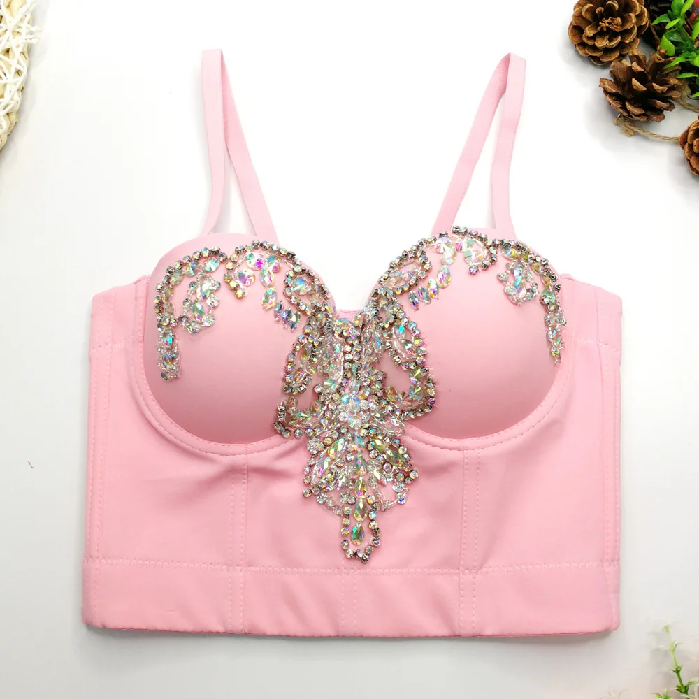 Women New Fashion Clothes Sexy Sleeveless Rhinestone Bustier Push Up Night Club Bralette Bra Cropped Top Vest Corset