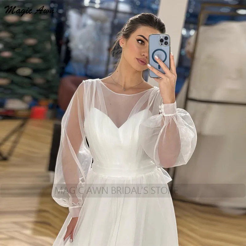 Magic Awn-Vestidos De boda bohemios De manga larga para mujer, ropa De ilusión De Organza, corte en A, con lazo, 2022