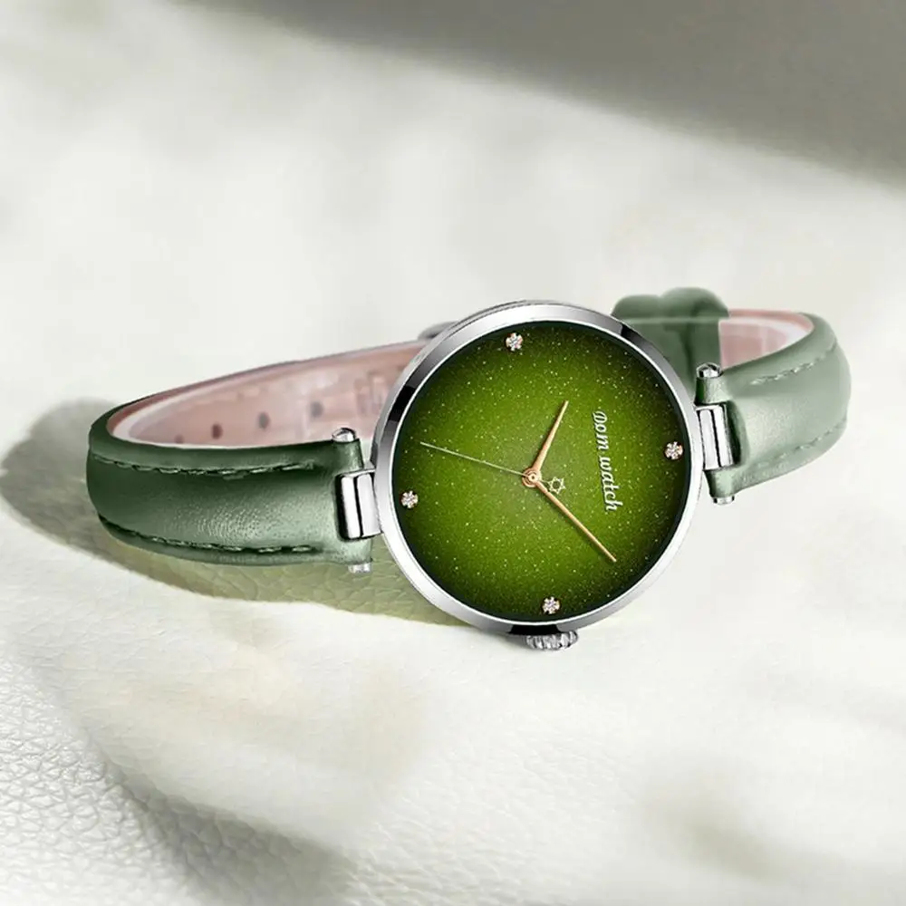 DOM Top Luxury Fashion Female Quartz Wrist Watch Elegant Green Women Watches Leather Waterproof Clock Girl Pattern Watch G-1292