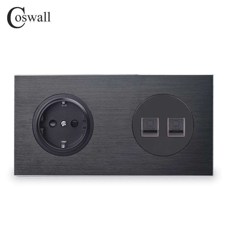 

Coswall Aluminum Metal Panel Black EU Standard Wall Socket +2 Gang CAT5E RJ45 Internet Data Computer Jack 172*86mm R12 Series